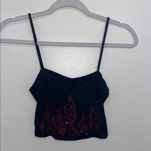 Emma & Sam Black and Red Flame Design Women's Crop Tank Top | M